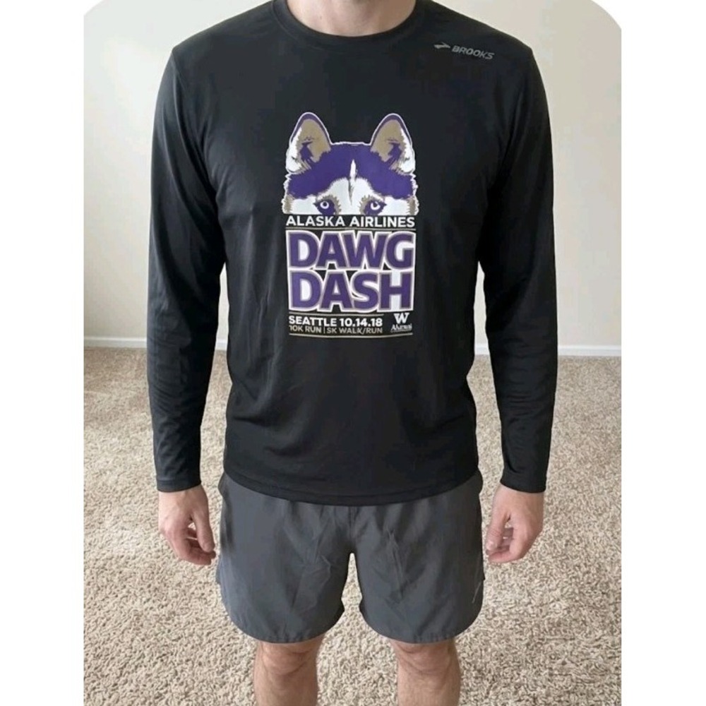 Brooks Dawg Dash Alaska Airlines Long Sleeve Running Shirt Mens Large Black...